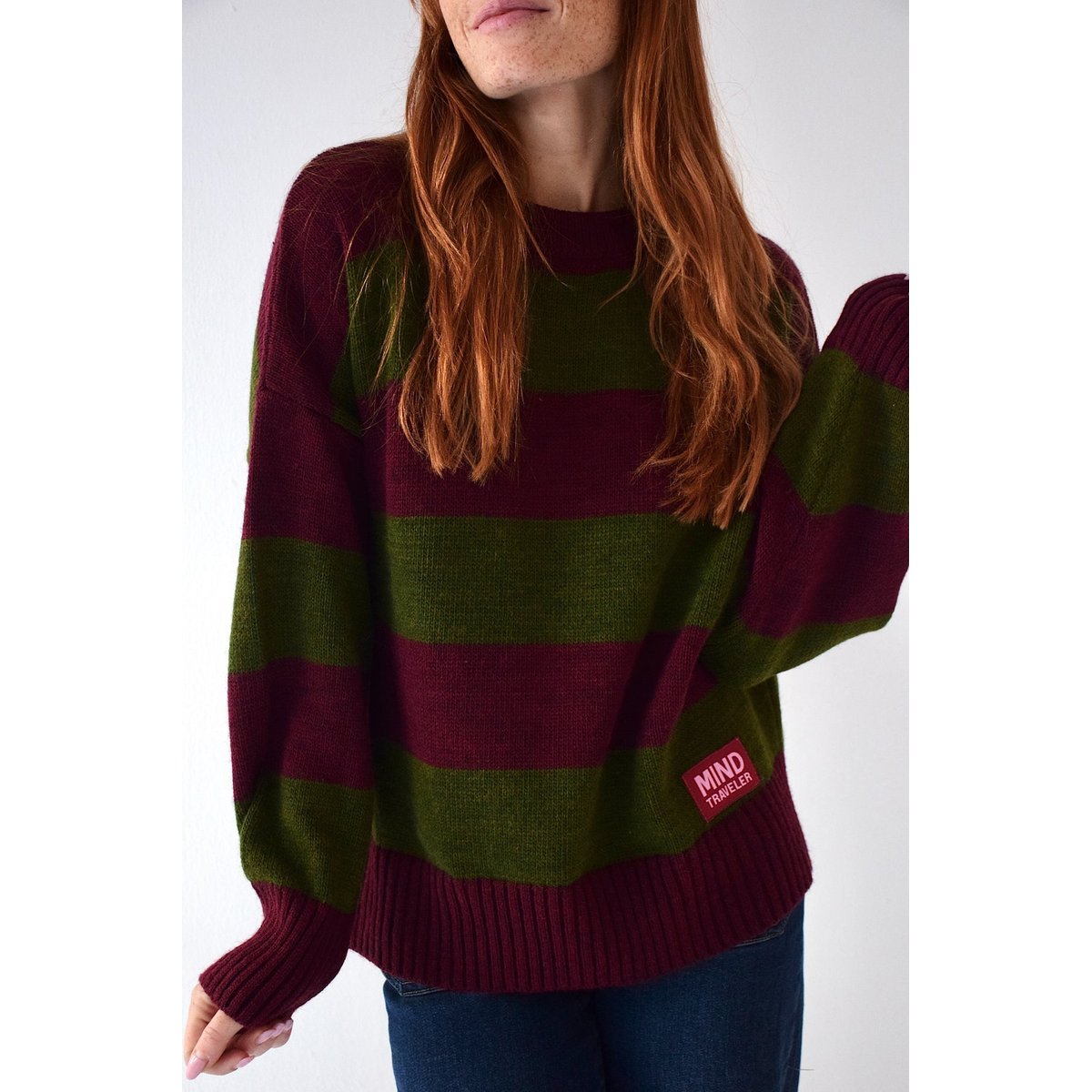 Pull rayé col rond ALEX kaki / bordeaux, MINDTRAVELER