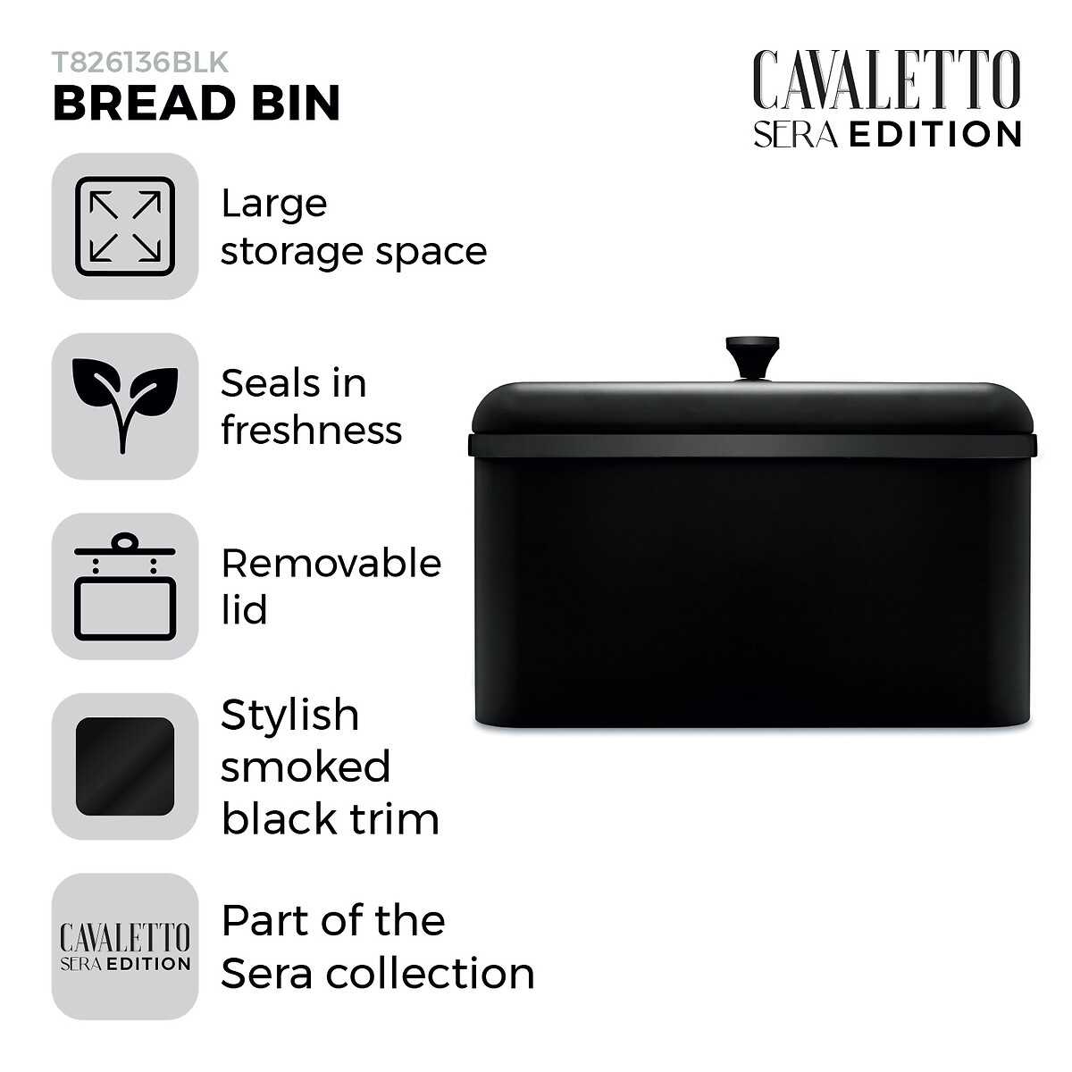 Sera Bread Bin with Smoked Trim black, TOWER