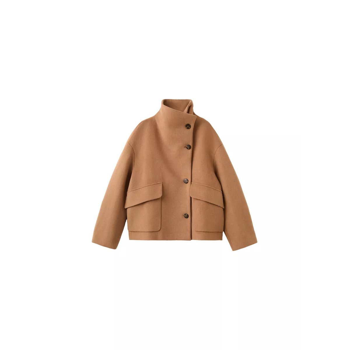 Manteau laine mélangée col cheminée marron moyen, MANGO