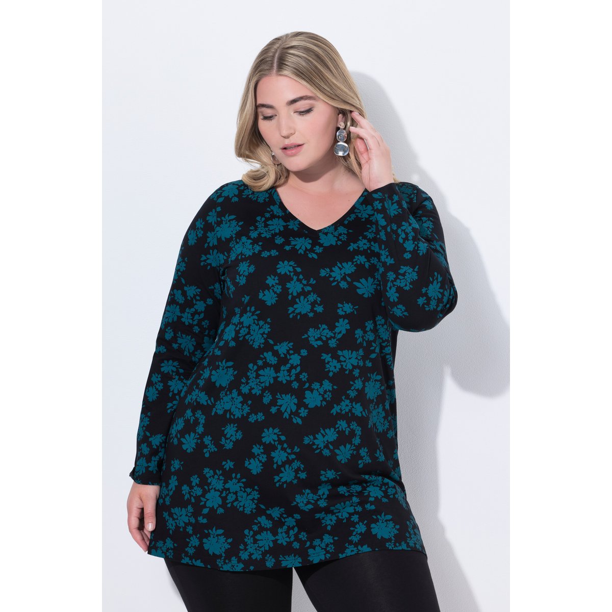 T-shirt long à fleurs vert pétrole, ULLA POPKEN