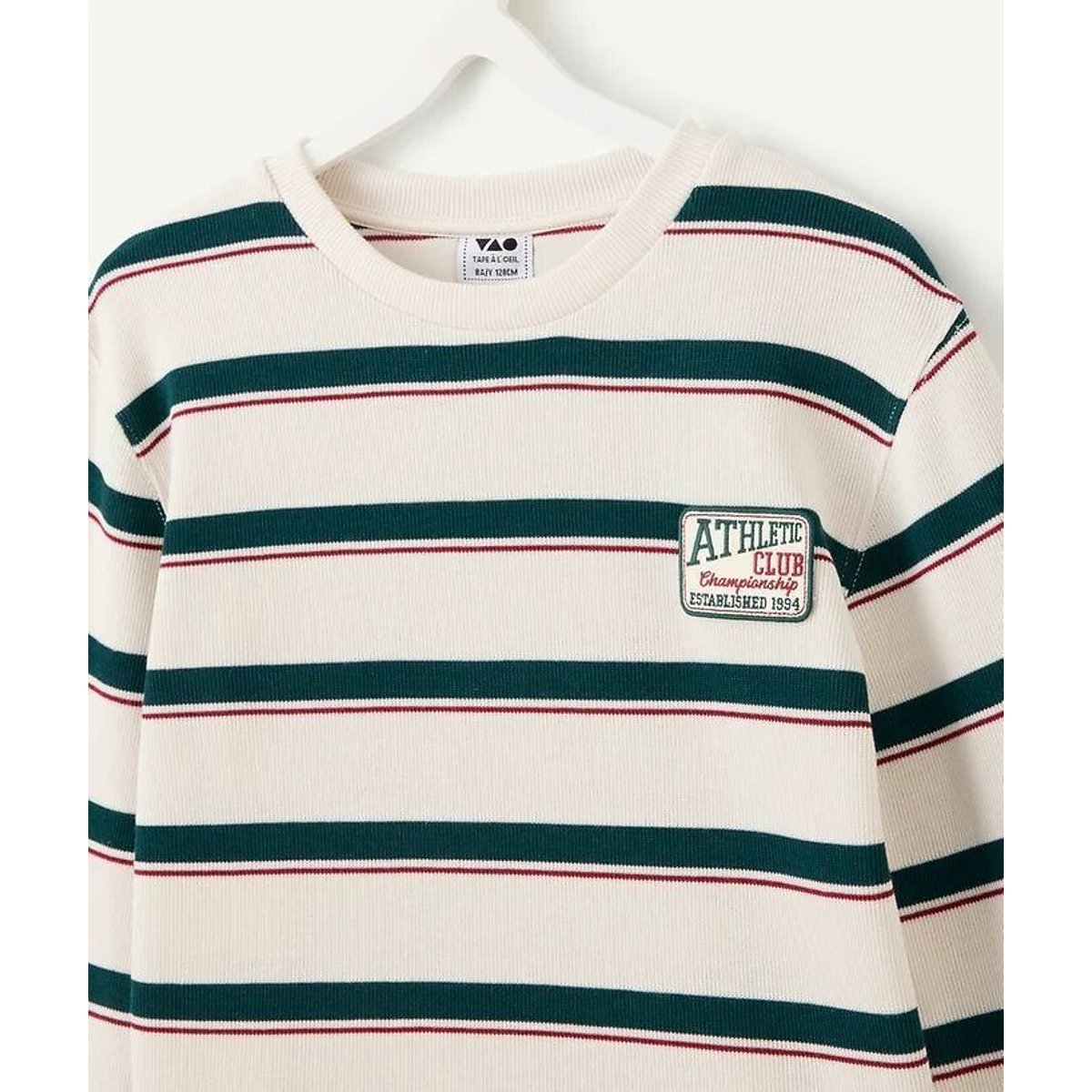 T-shirt a maniche lunghe a righe, con toppa ricamata sul petto rigato verde/écru, TAPE A L'OEIL