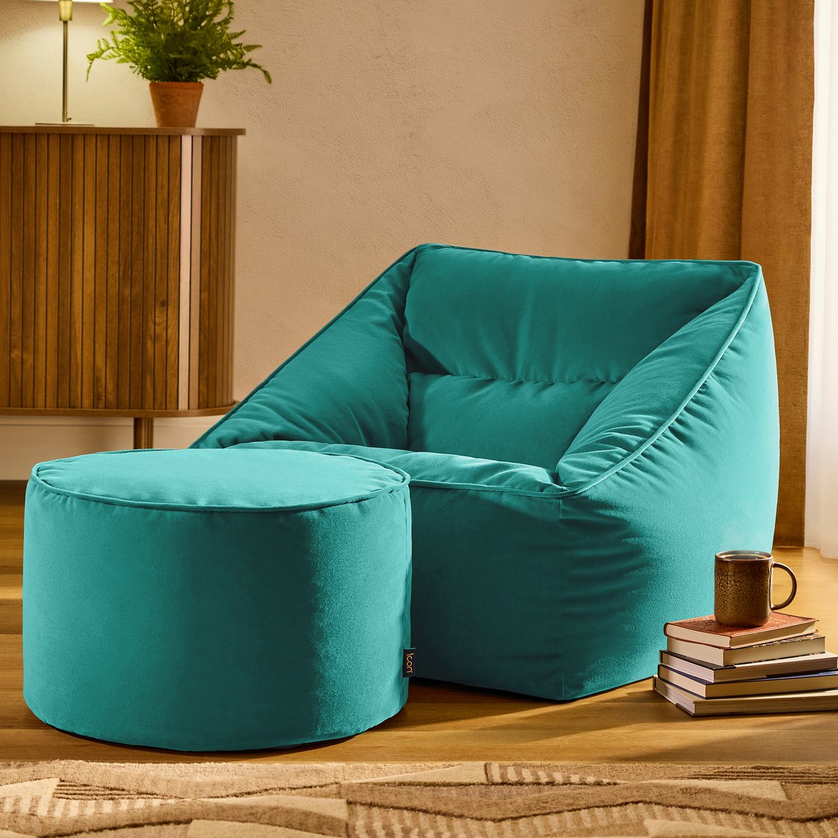 Pouf fauteuil salon et son repose-pied rond en velours mat Oeko-Tex® - NATALIA bleu canard, ICON