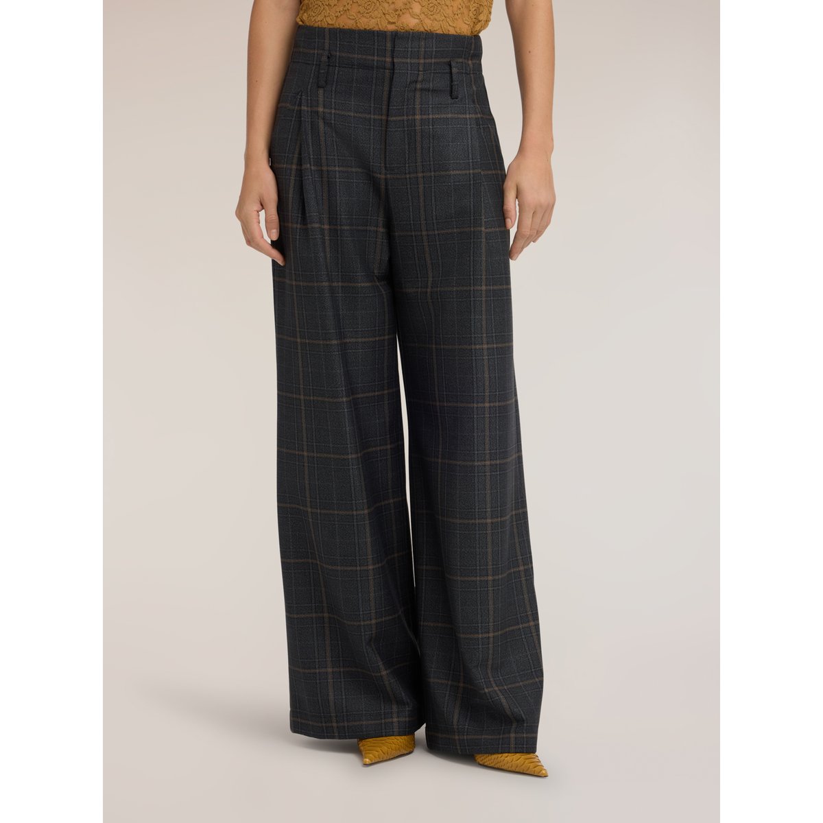 Pantalon palazzo taille haute à motif carreaux gris, MOTIVI