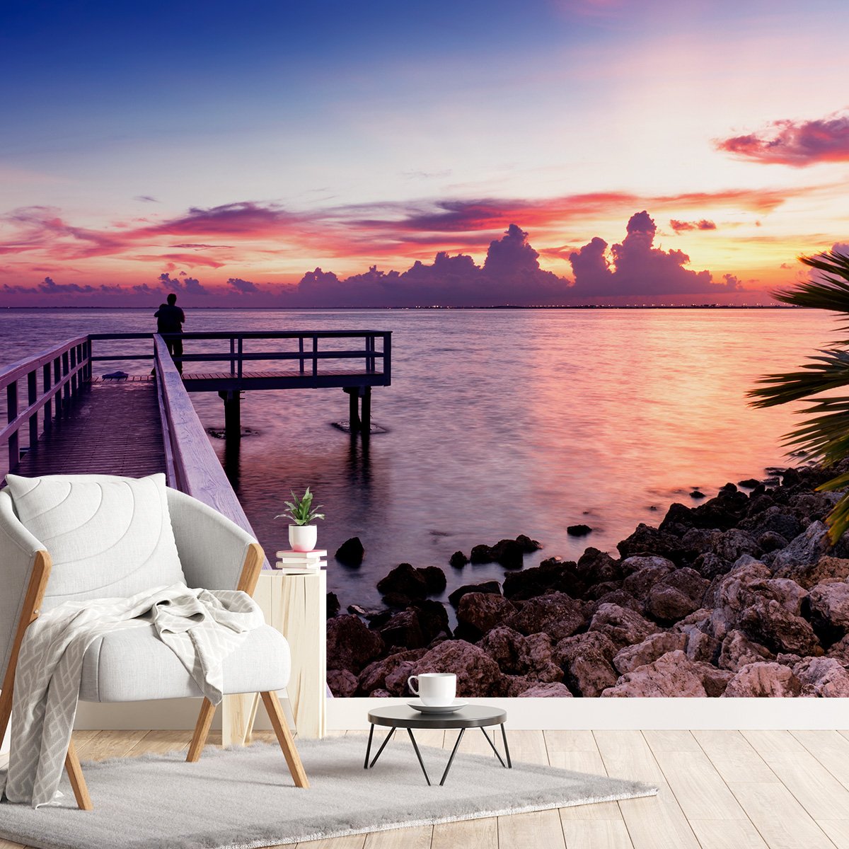 Papier peint panoramique coucher de soleil a miami intissé, HEXOA