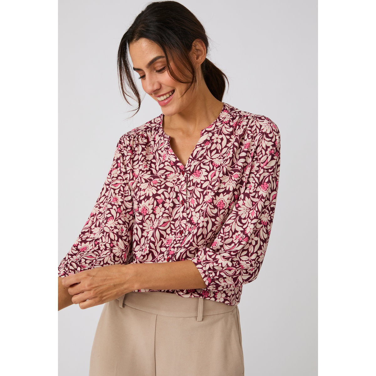 Chemisier maille crêpe rose fleuri, DAMART
