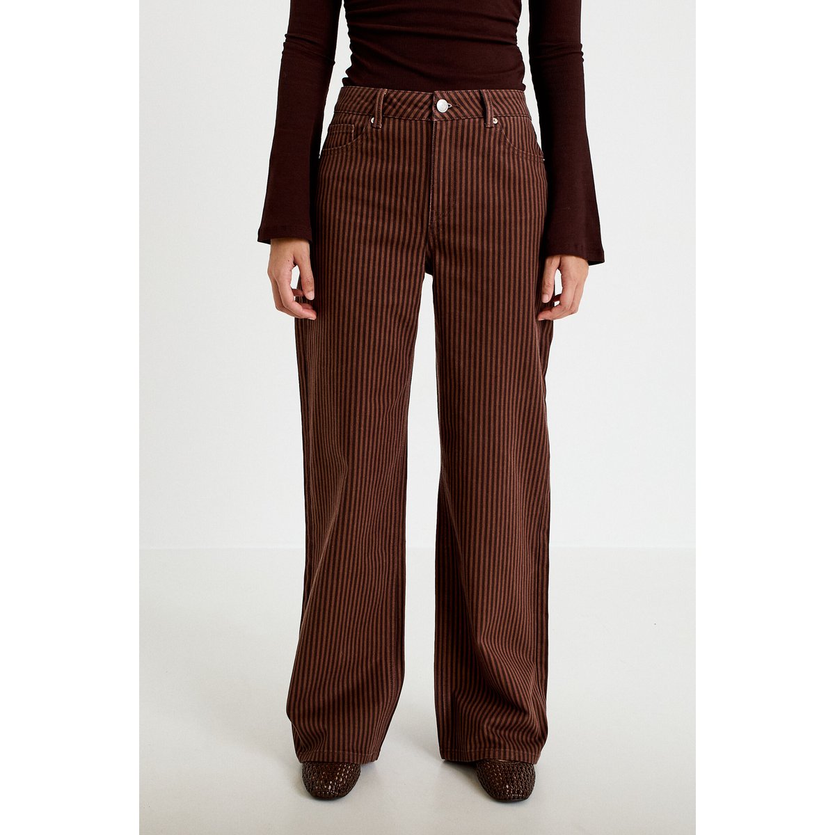 Jean wide leg rayé taille haute marron, CACHE CACHE