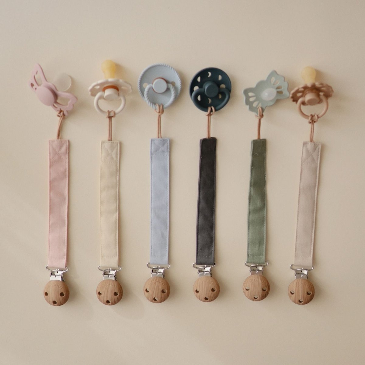 Lot de 2 attaches-sucettes en lin vert, écru, MUSHIE