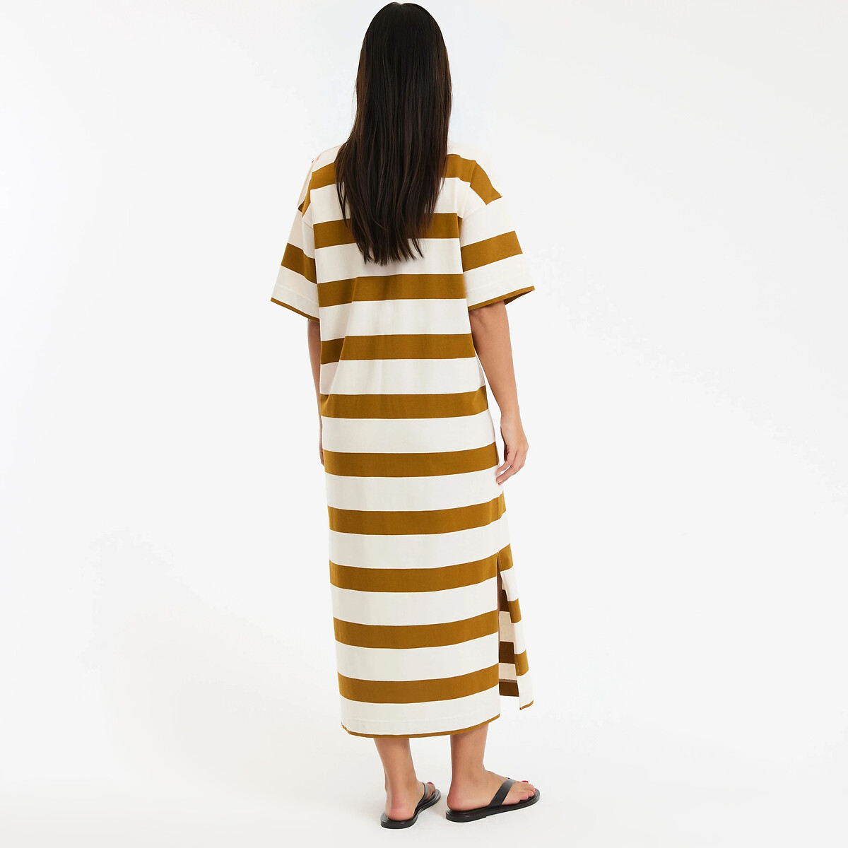 Robe longue rayée boutons épaules, manches courtes ecru rayé marron, LA REDOUTE COLLECTIONS