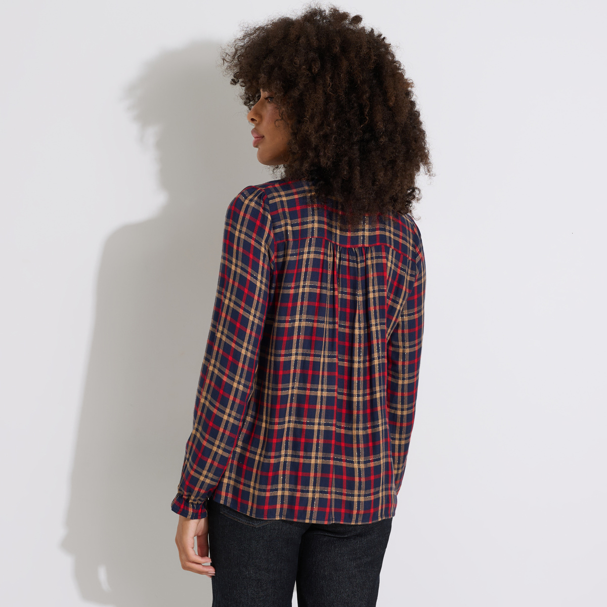 Blouse à carreaux col montant bleu marine, GRAIN DE MALICE