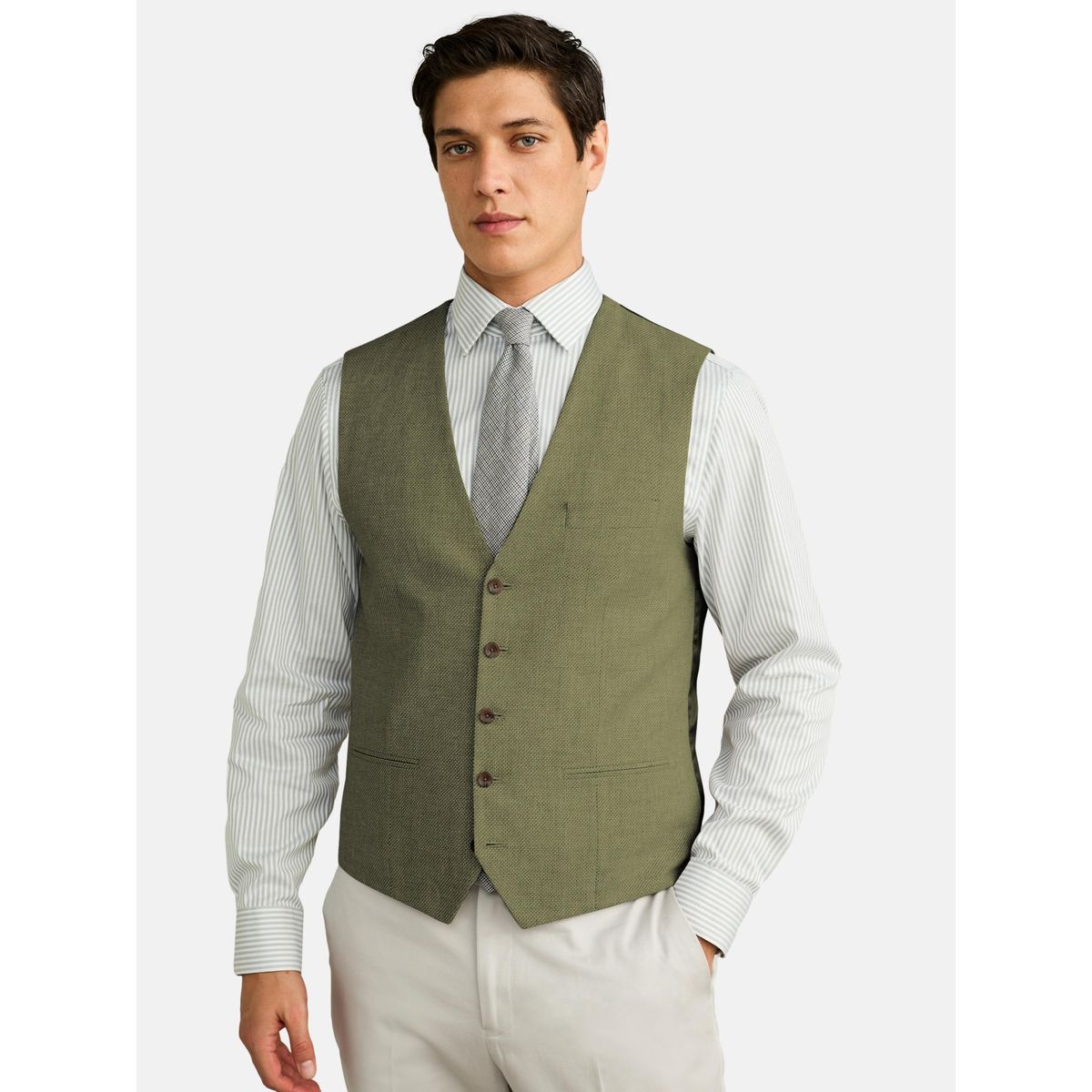 Gilet de costume en lin mélangé texturé vert, NEXT