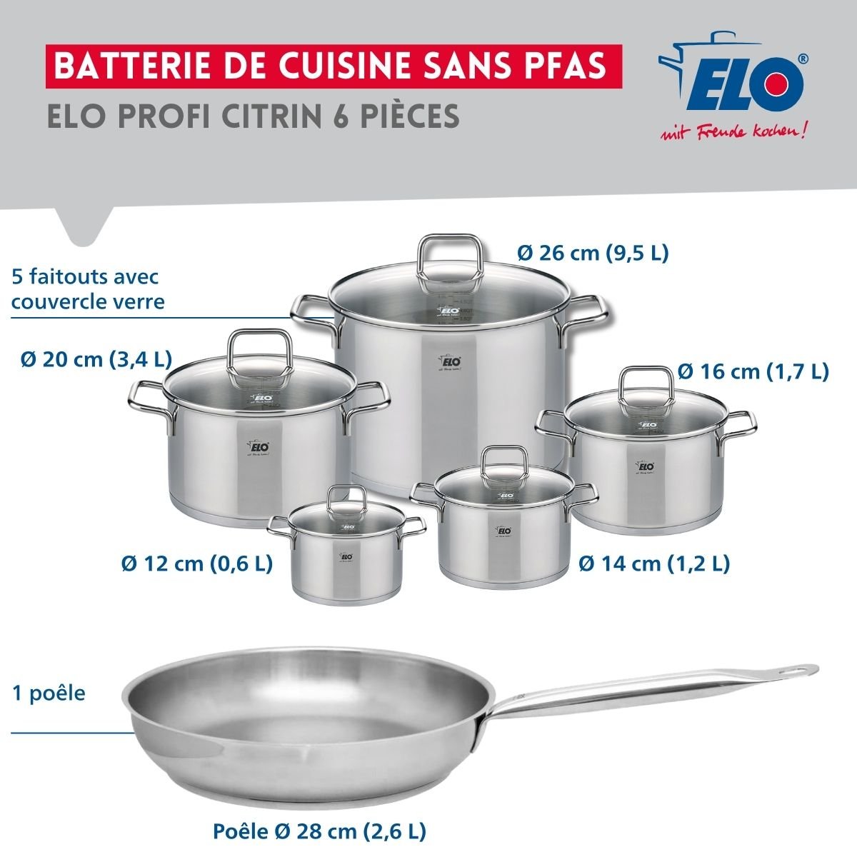 Batterie 1 poêle 28cm + 5 faitouts 12/14/16/20/26cm PROFI CITRIN inox, ELO
