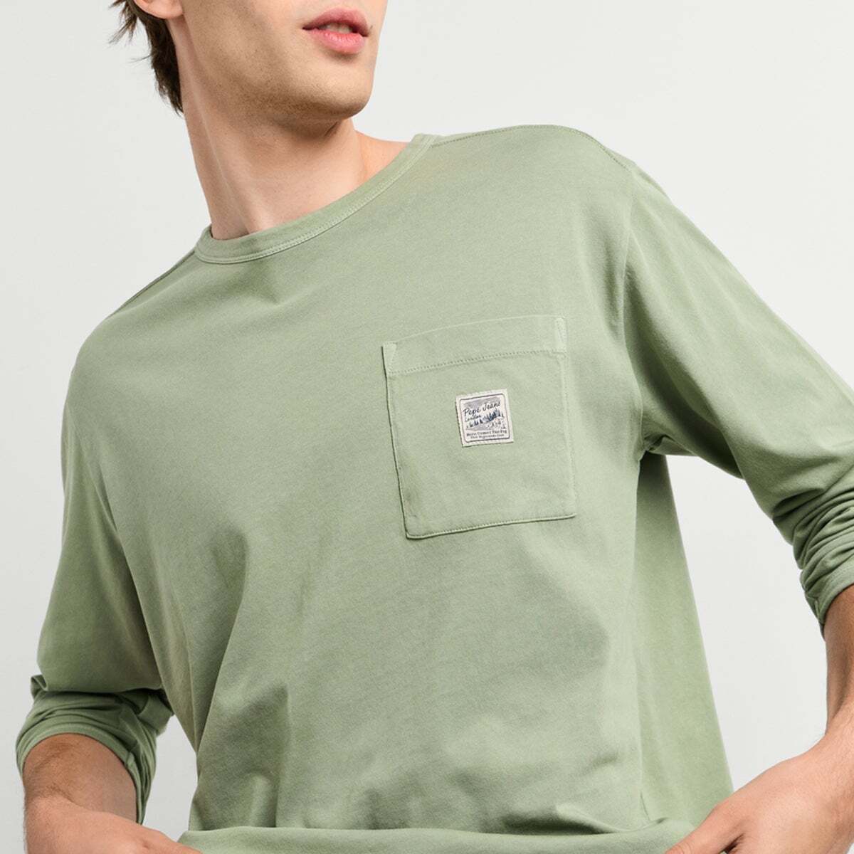 T-Shirt Manches Longues Coupe Regular vert armée lavé, PEPE JEANS