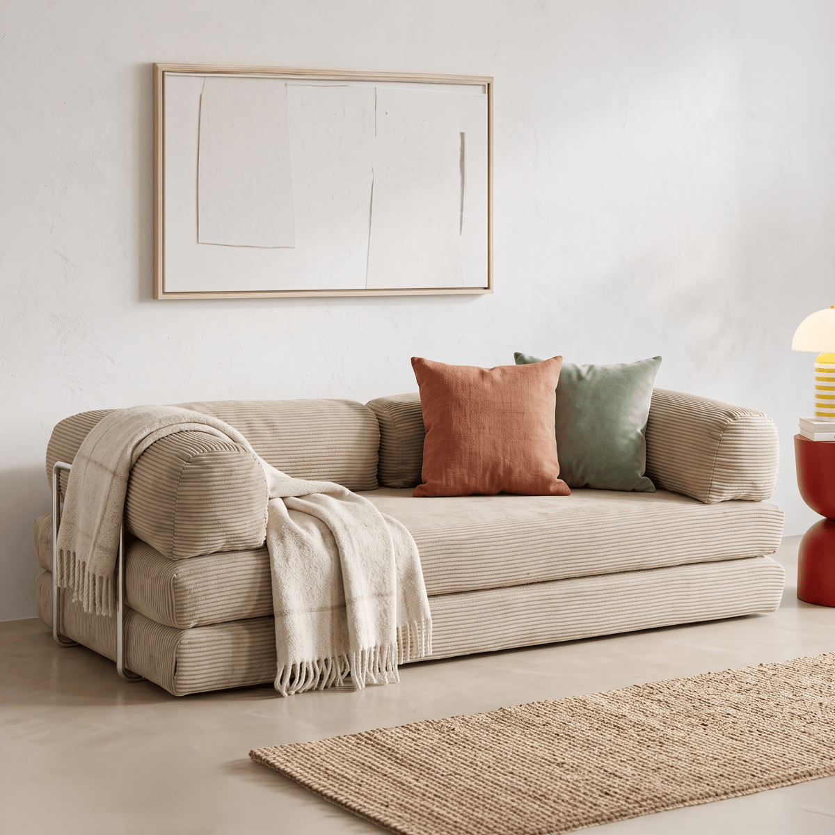 Canapé convertible compressé 3 places en velours côtelé - BUDDY beige, HOMIFAB