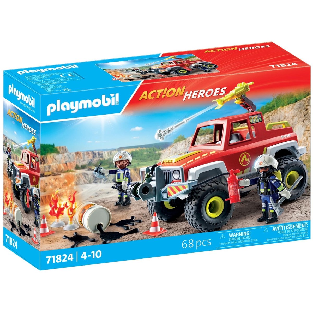 Véhicule de pompiers avec bidon d'essence enflammé véhicule de pompiers avec bidon d'essence enflammé, PLAYMOBIL