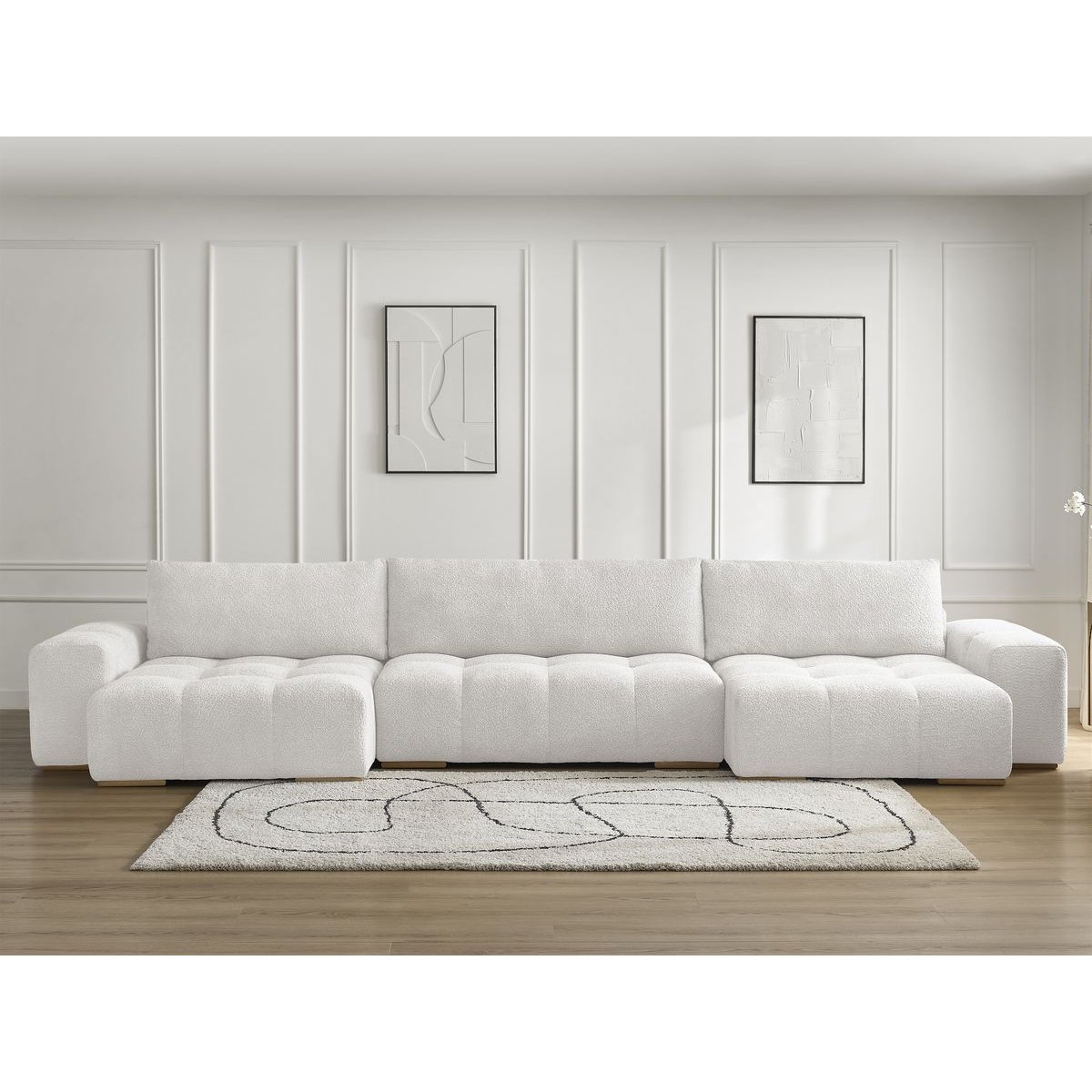 Canapé panoramique convertible 6 places en tissu bouclette, ANAKIN blanc, BOBOCHIC