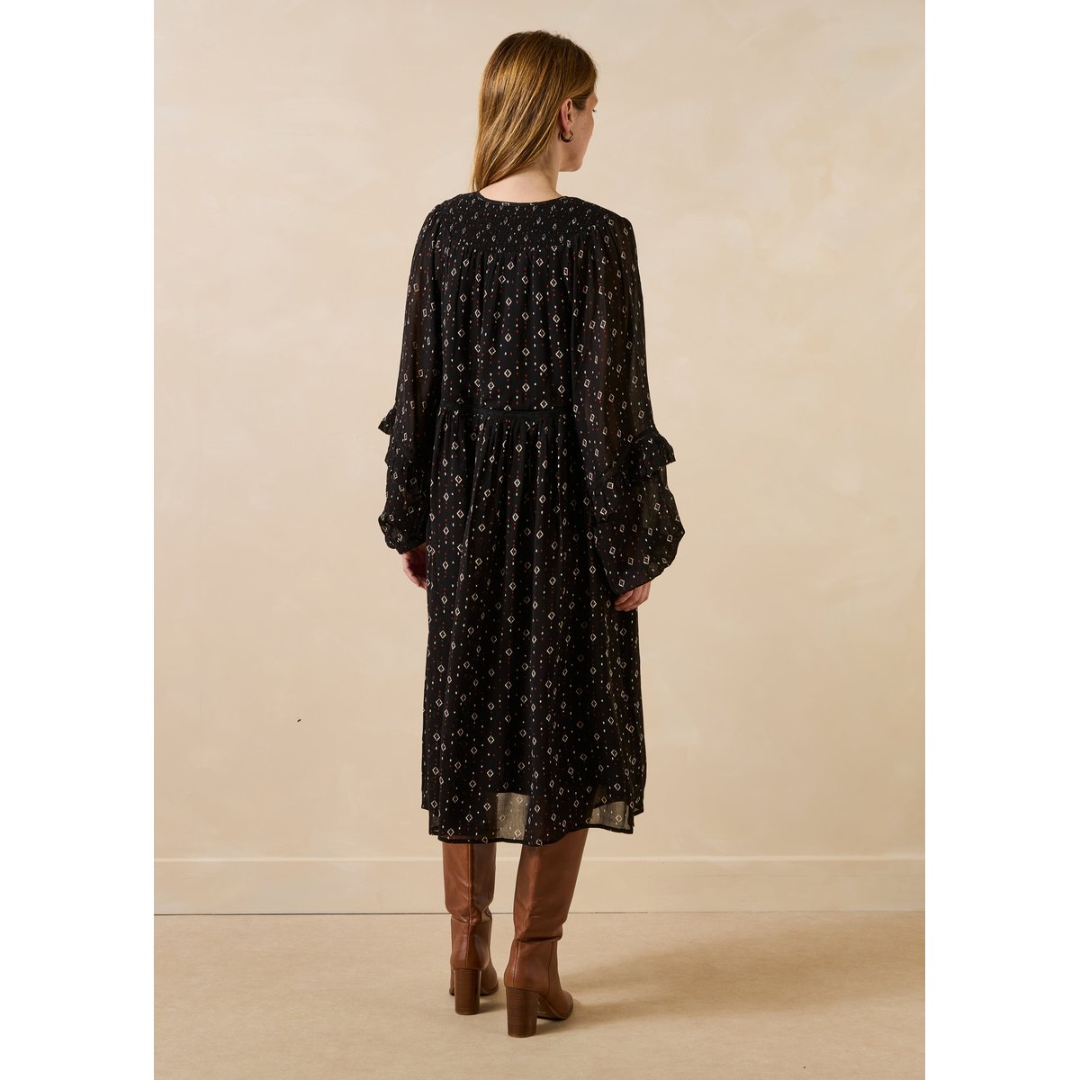 Robe midi en voile imprimé manches longues noir, LA FEE MARABOUTEE