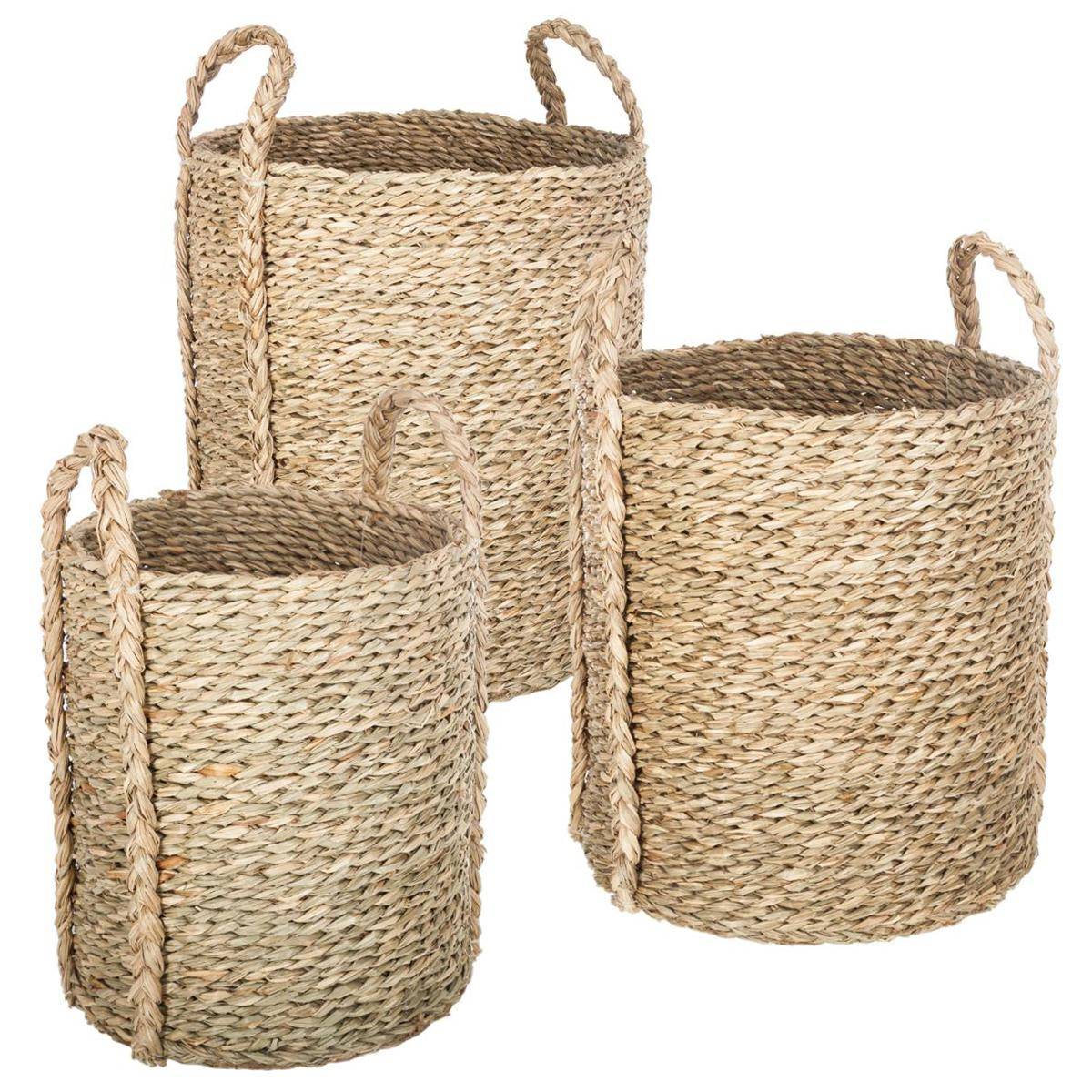 Lot de 3 paniers ronds en roseau tressé à poignées KILIAN beige, ATMOSPHERA