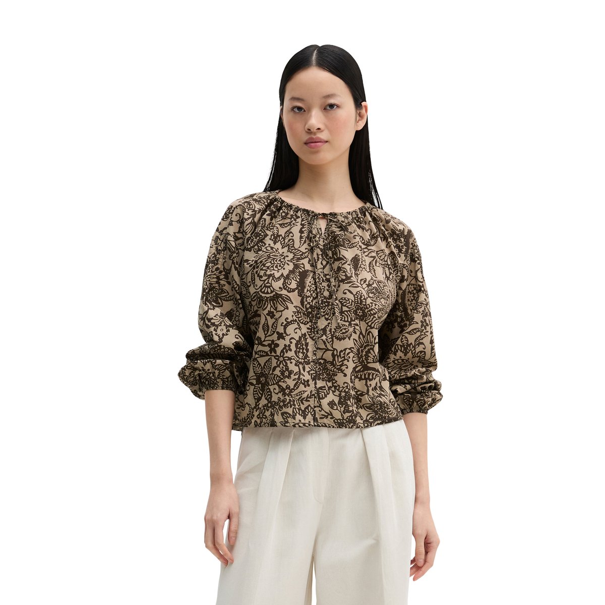 Blouse loose en voile de coton imprimé marron, MARC O'POLO