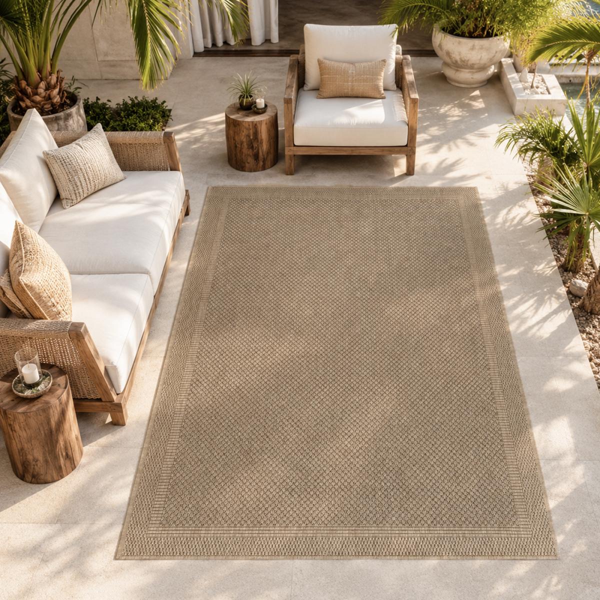 Tapis extérieur, motif faux uni, style kilim, LYN13 REZA 5 beige, marron, UN AMOUR DE TAPIS