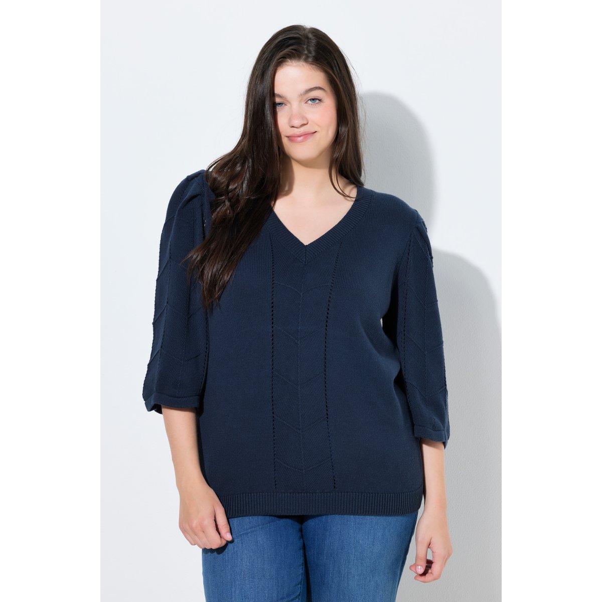 Pull en coton bio, maille ajourée marine, ULLA POPKEN