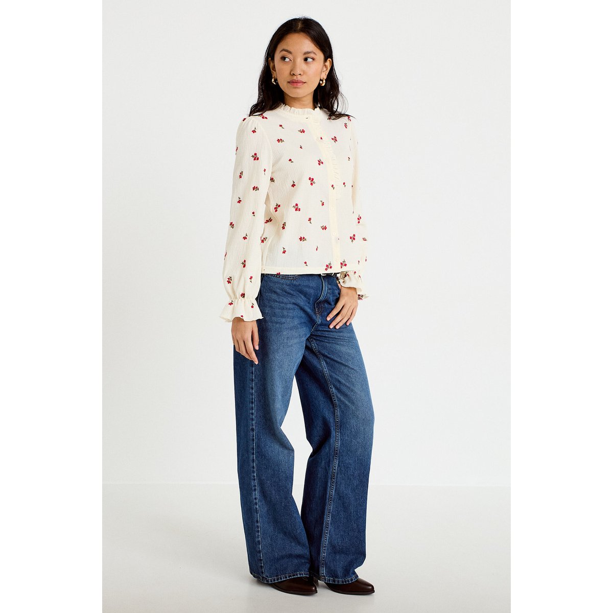 Chemise droite broderie manches longues ecru, CACHE CACHE