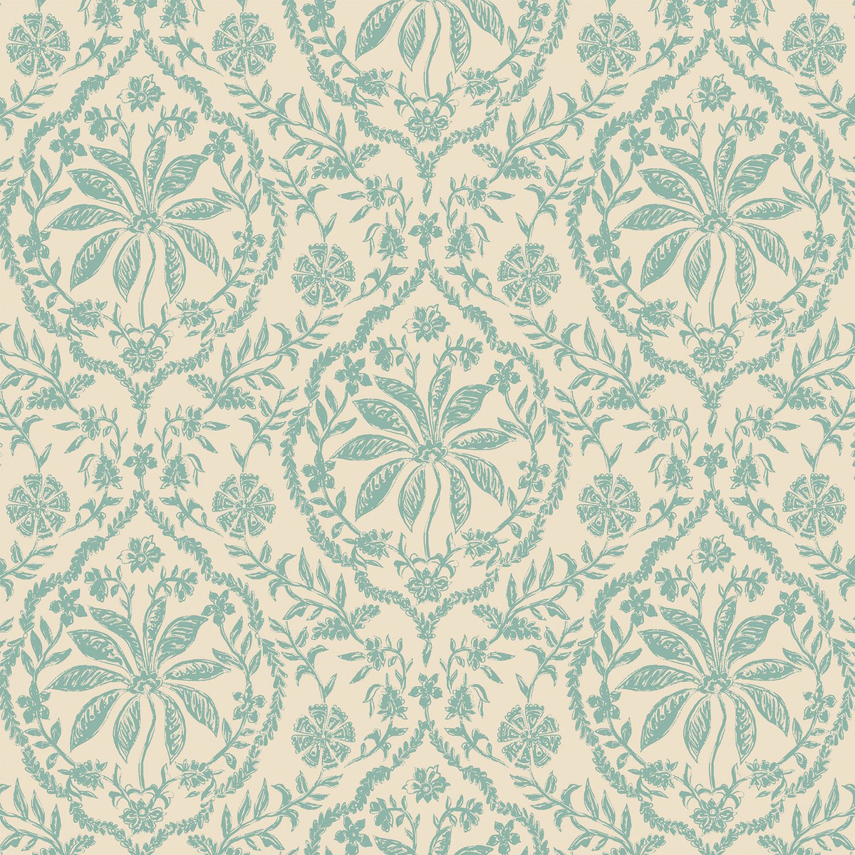 Papier peint fleurs en treillis bleu, JOULES