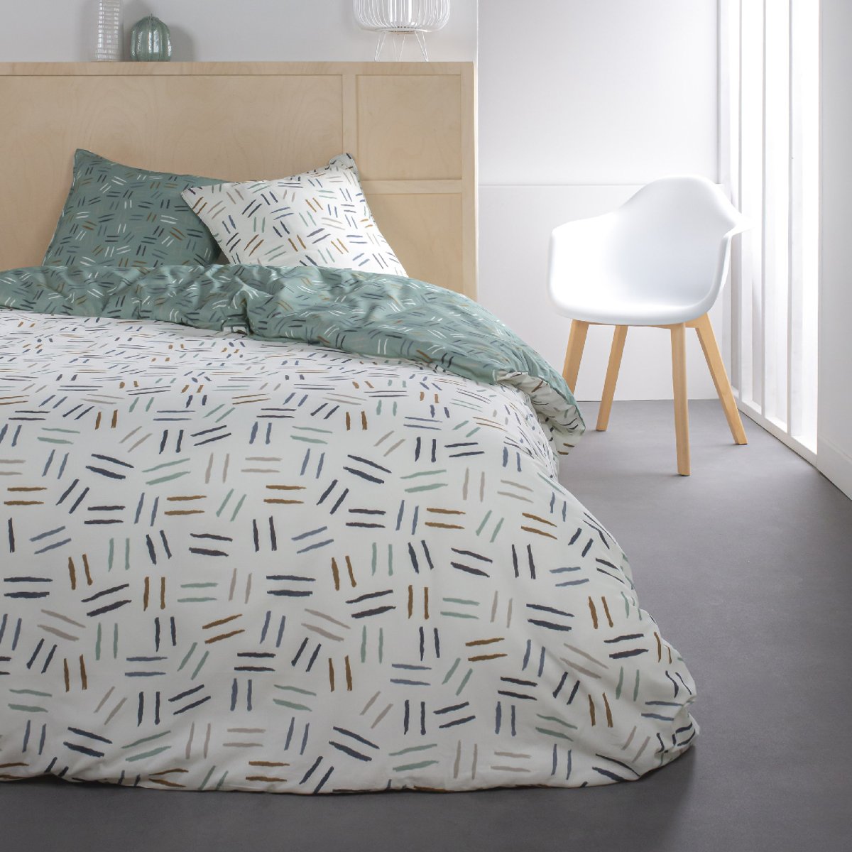 Parure de lit coton 2 personnes imprimé rayures SUNSHINE blanc, TODAY