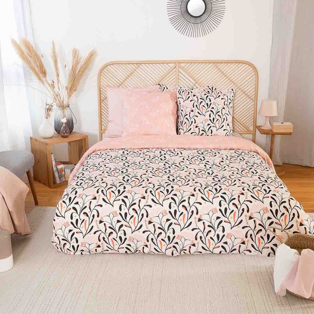 Parure de lit - housse de couette en satin de coton imprimée rose, EDEN