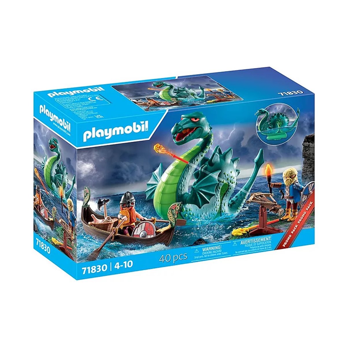 Duo de Vikings, barque, canon et monstre marin multicolore, PLAYMOBIL