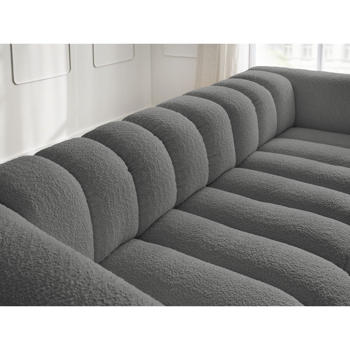 Canapé droit fixe 3 places en tissu bouclette, TALIA gris foncé, BOBOCHIC