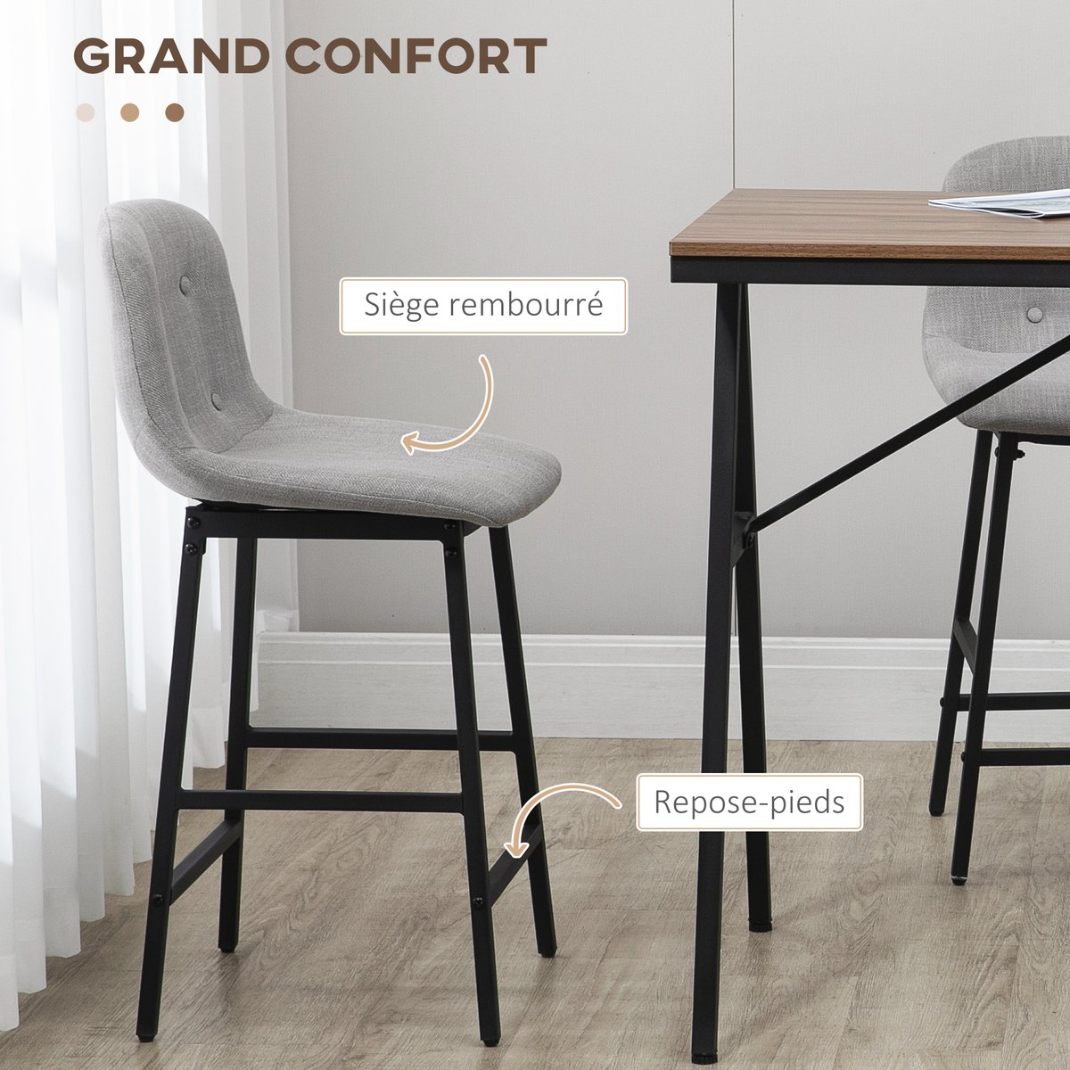Ensemble de table de bar Acier Gris clair gris clair, bois, noir, HOMCOM