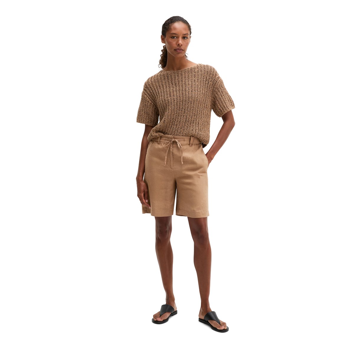 Short en lin large avec une taille élastique à cordon de serrage marron, MARC O'POLO