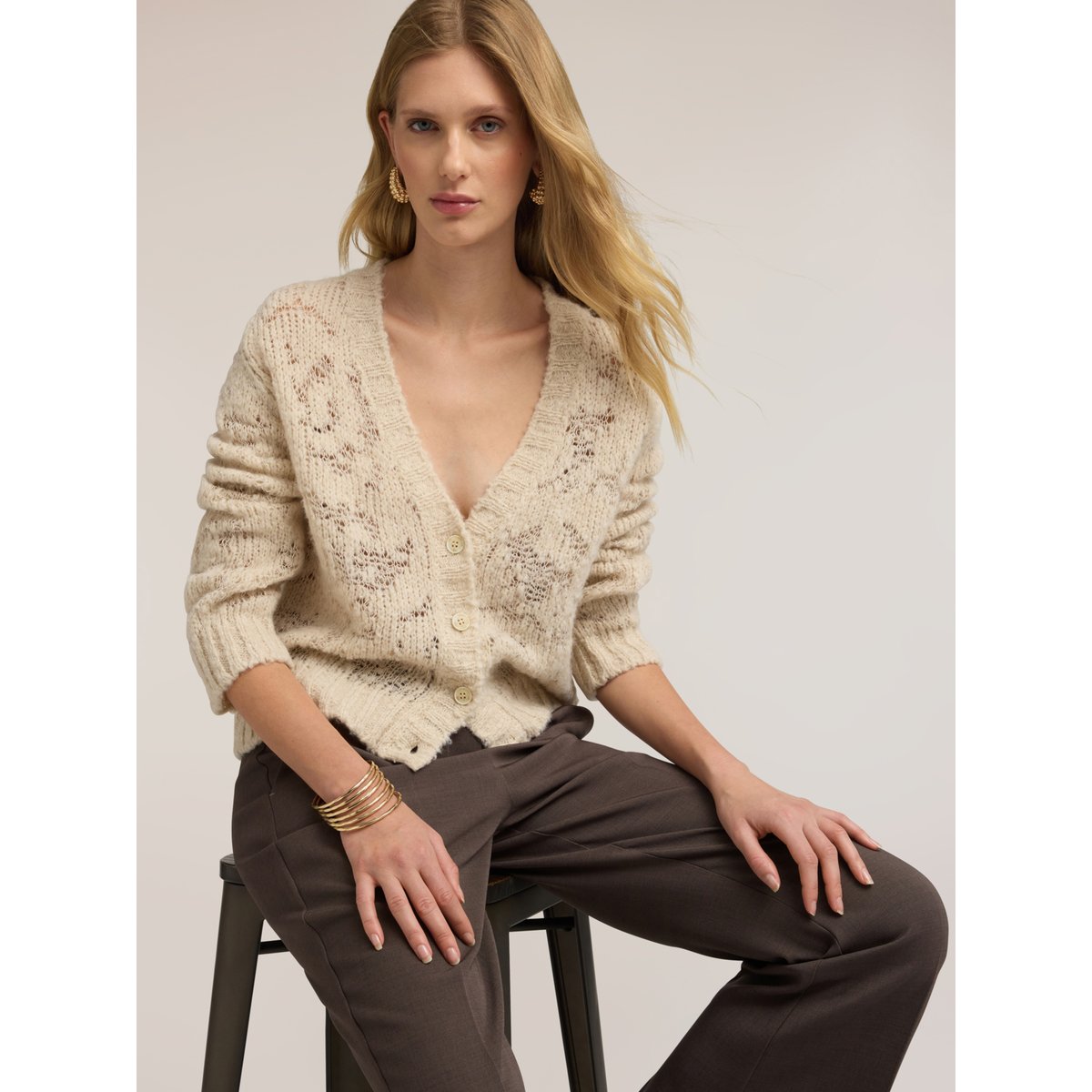 Cardigan avec travail ajouré beige, MOTIVI