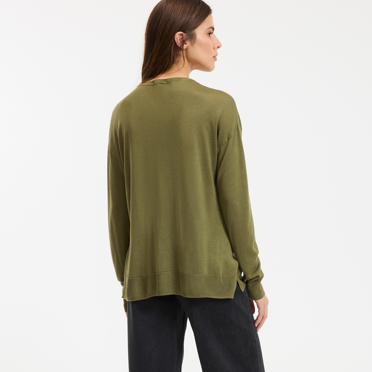 Pull col V, en fine maille vert kaki, LA REDOUTE COLLECTIONS