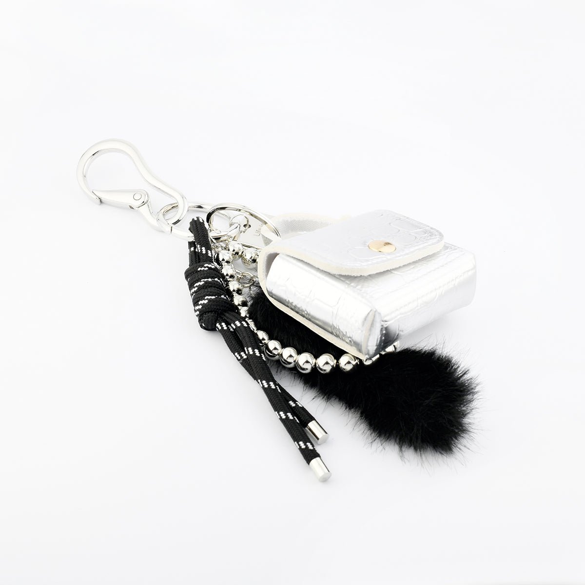 Bijoux de sac mini sac argenté et pompon noir noir, BALABOOSTE