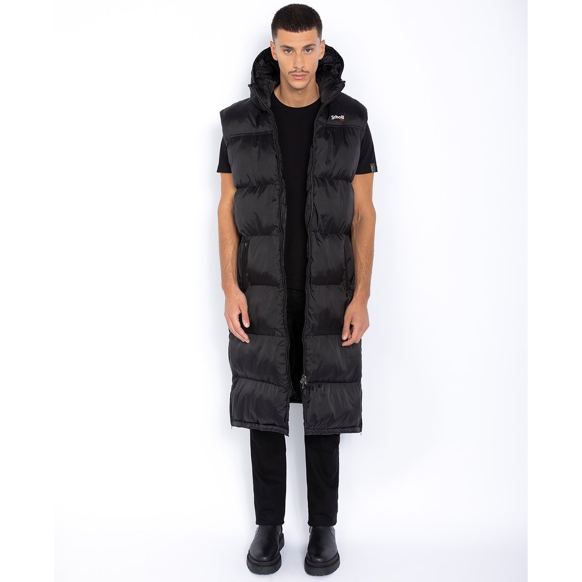 Doudoune extra longue sans manches noir, SCHOTT