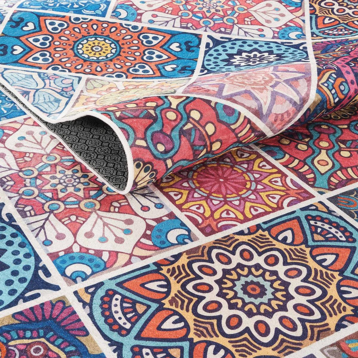 Tapis kilim à motif géométrique authentique, LYN11 BOHEME bleu, rouge, multicolore, UN AMOUR DE TAPIS