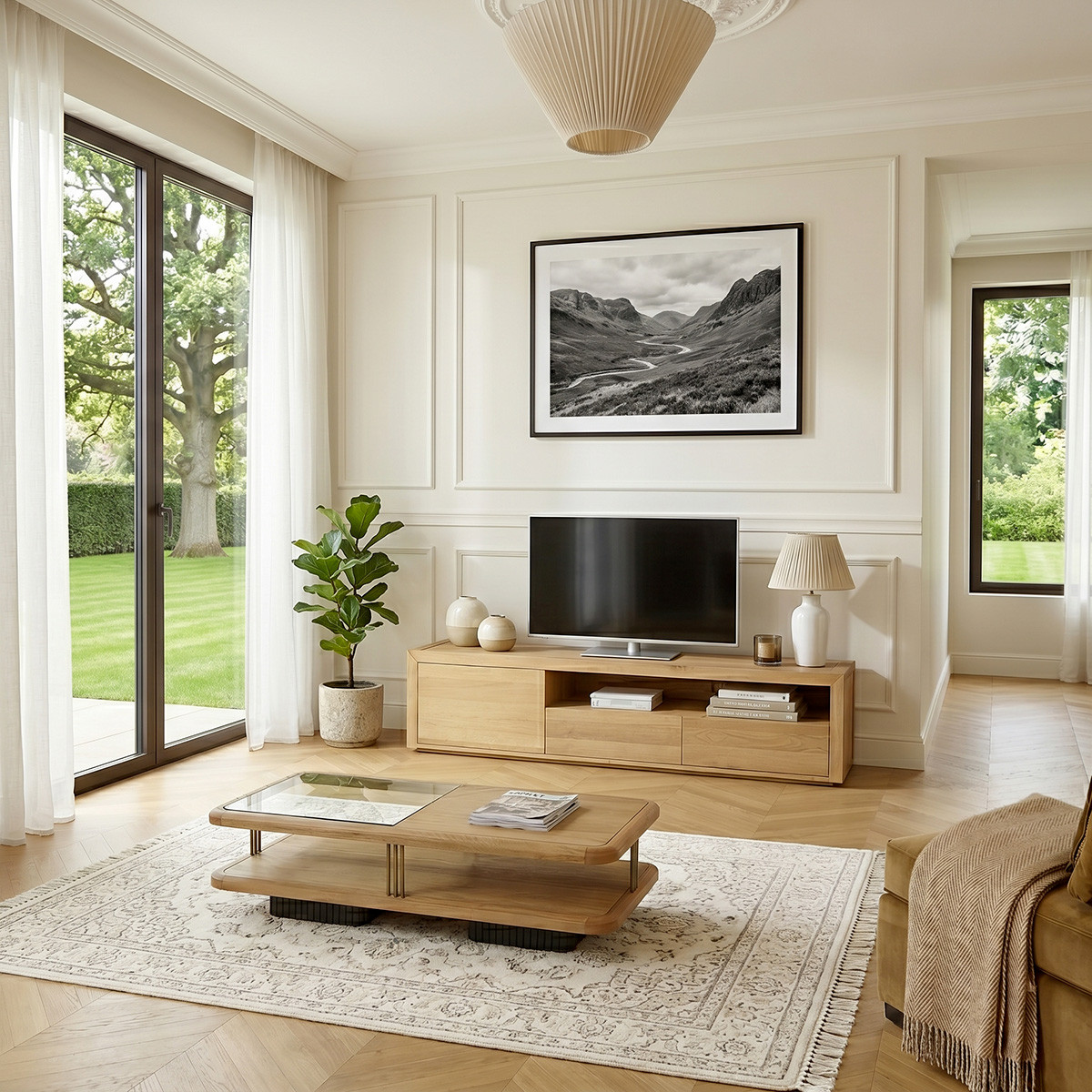 Meuble TV contemporain en chêne, 2 tiroirs, 1 porte CAMILLE beige, ROBIN DES BOIS