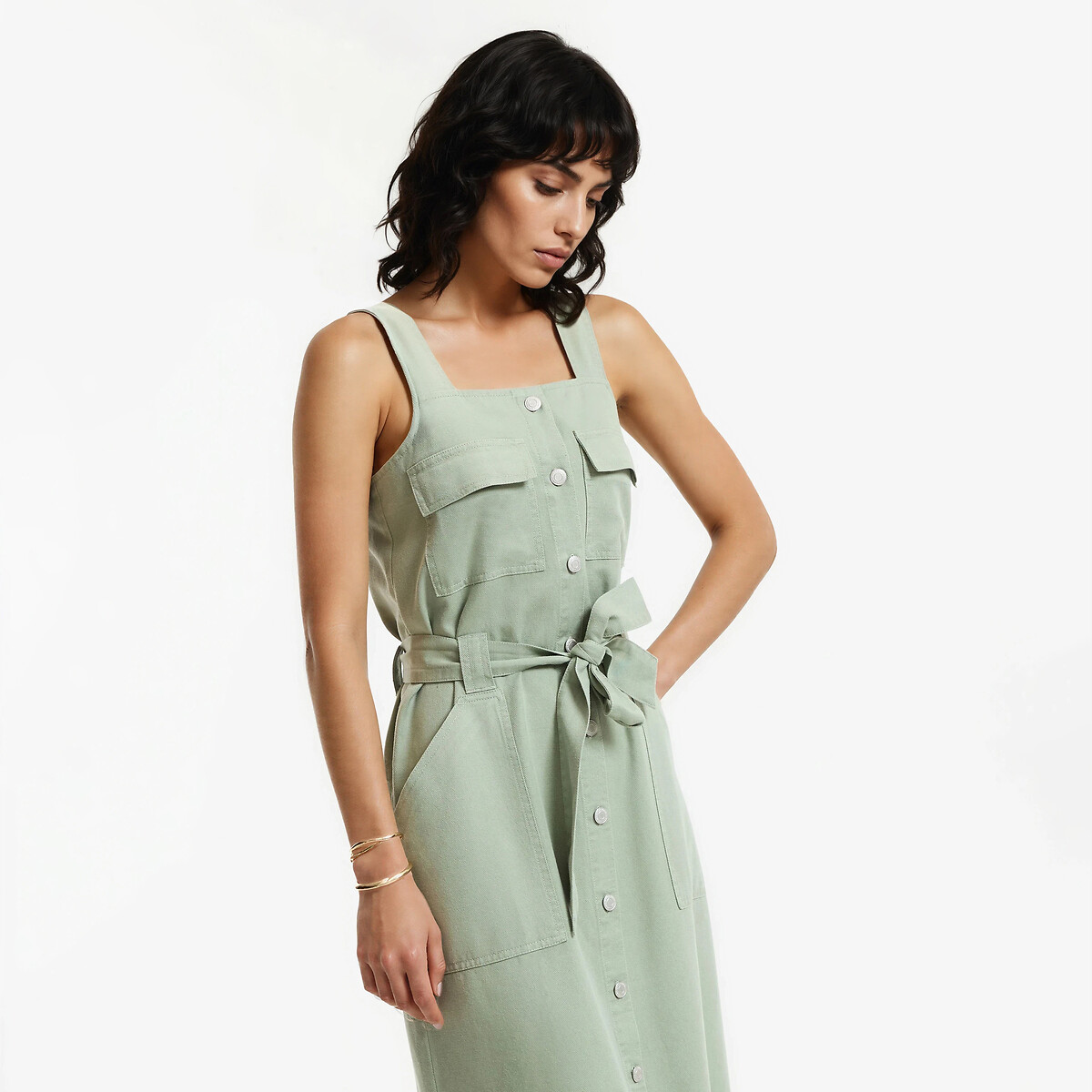 Robe midi à bretelles en lyocell et coton vert kaki, LA REDOUTE COLLECTIONS