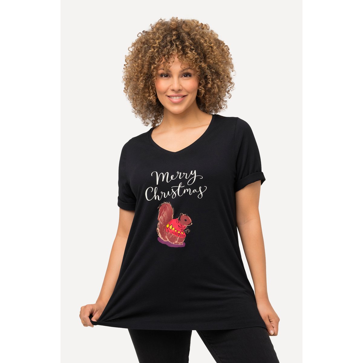 T-shirt de Noël à manches courtes et col V noir, ULLA POPKEN