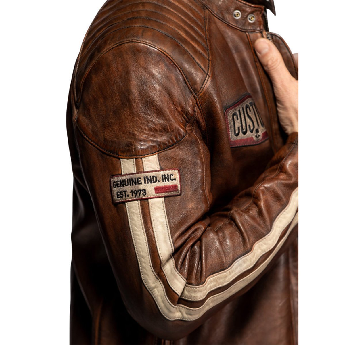Blouson Corning en cuir d'agneau brun à coupe droite pourvu d'un col boutonné marron, DAYTONA