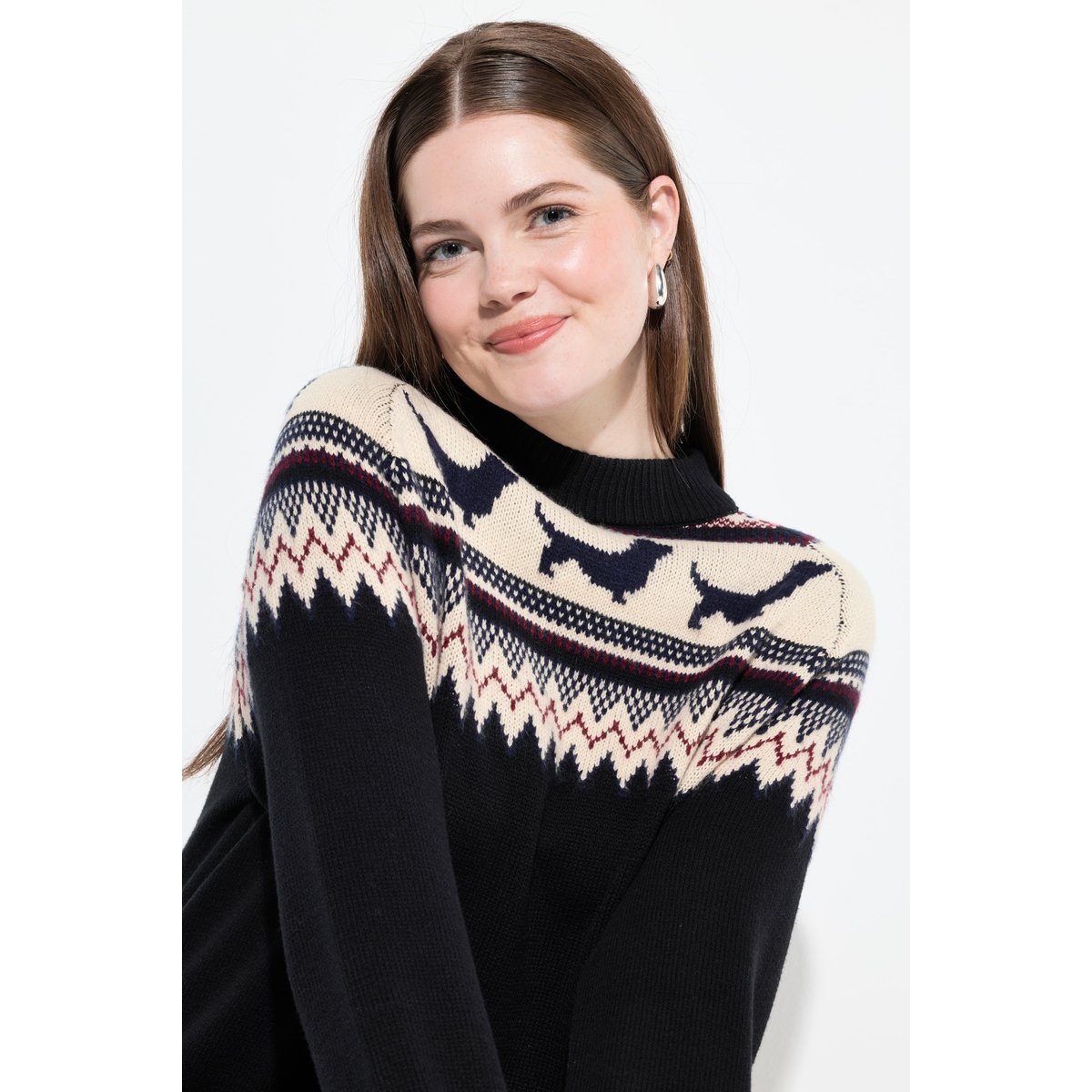 Robe en maille à motif norvégien chiens noir, ULLA POPKEN