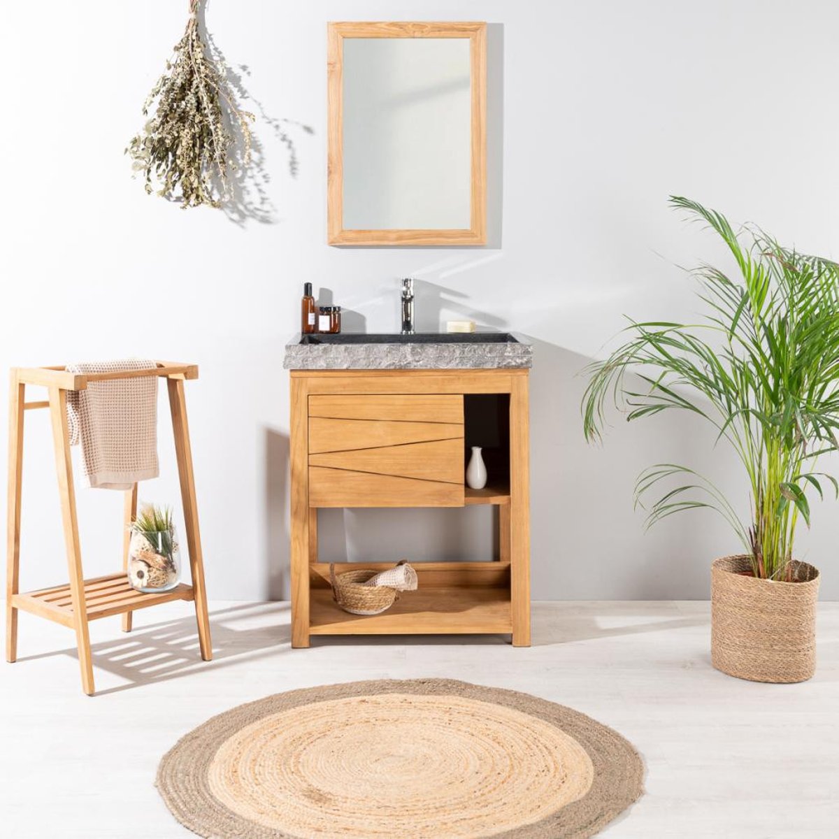 Meuble + vasque en teck massif rectangle 67cm COSY noir, WANDA COLLECTION