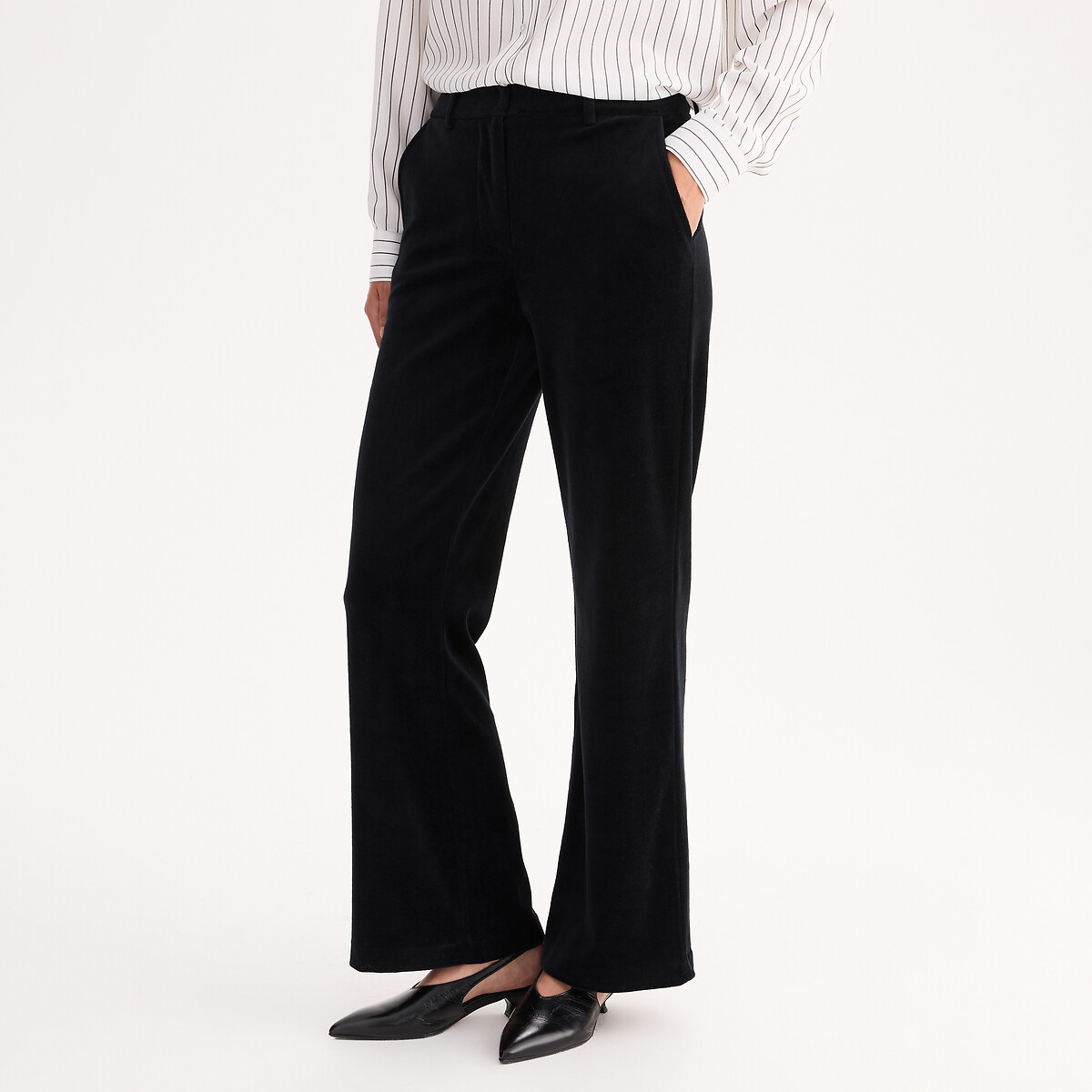 Pantalon velours lisse, large, taille haute noir, ANNE WEYBURN