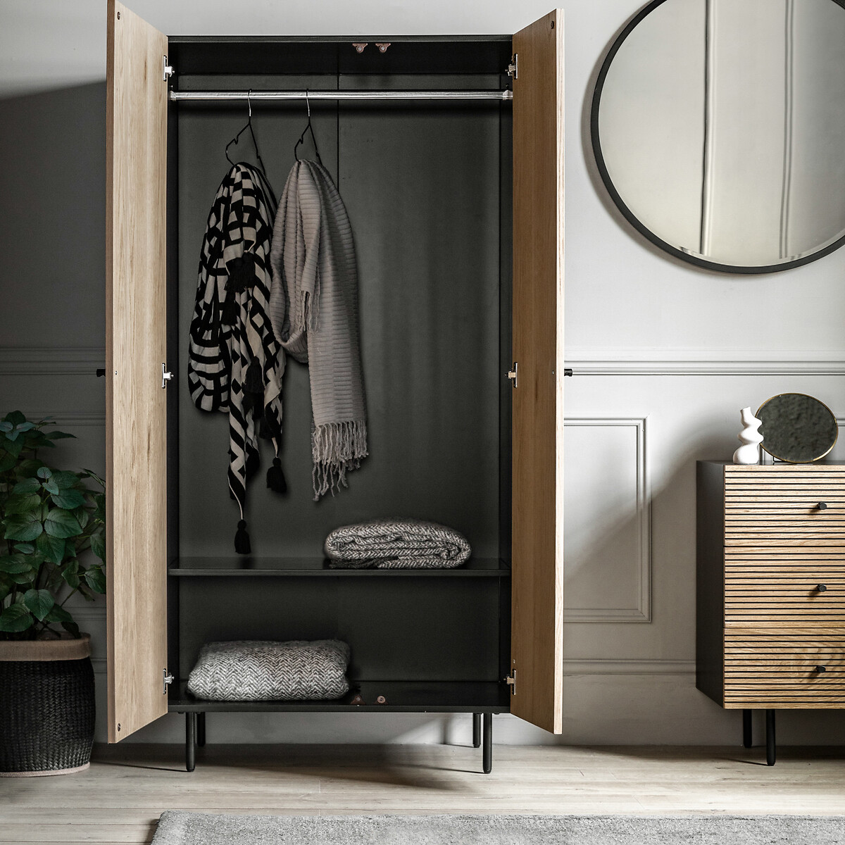 Hopewell 2 Door Oak Slatted Wardrobe natural/black, SO'HOME