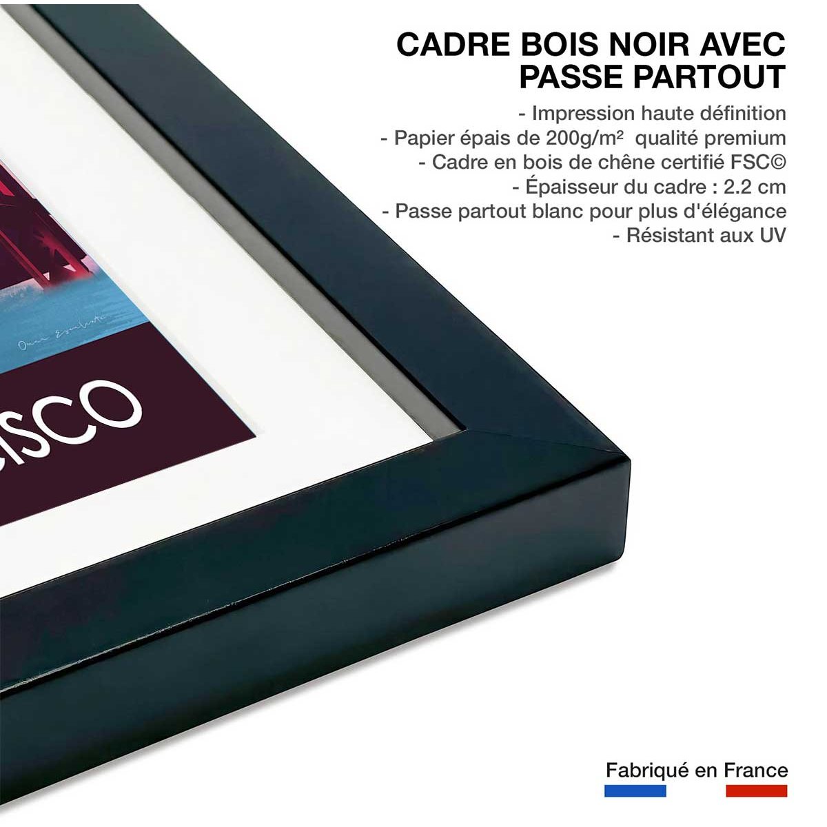 Affiche ville Le pont de San Francisco affiche + cadre en bois - noir, HEXOA