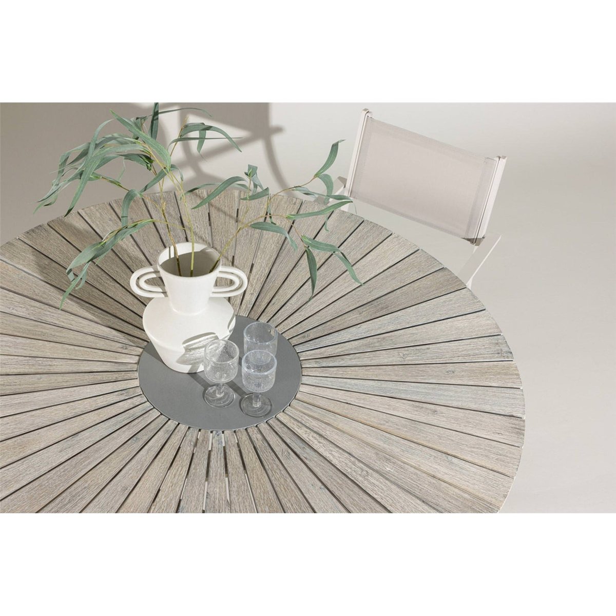 Table de jardin ronde bois collection RIVES bois blanchi et gris béton, RECOLLECTION
