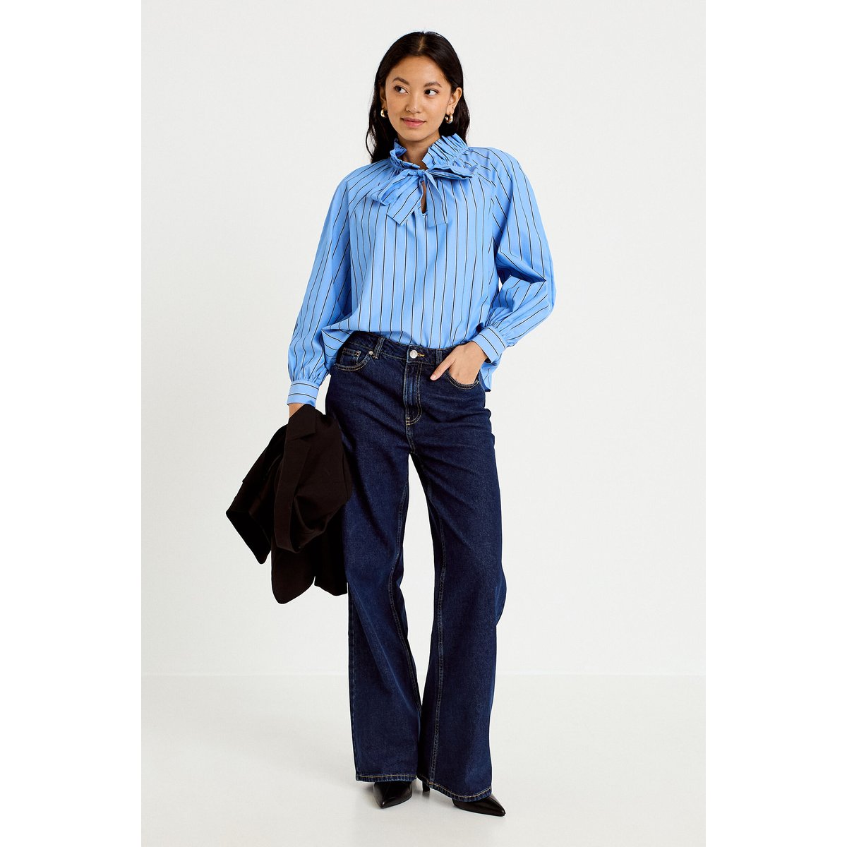Blouse ample col montant manches longues bleu, CACHE CACHE