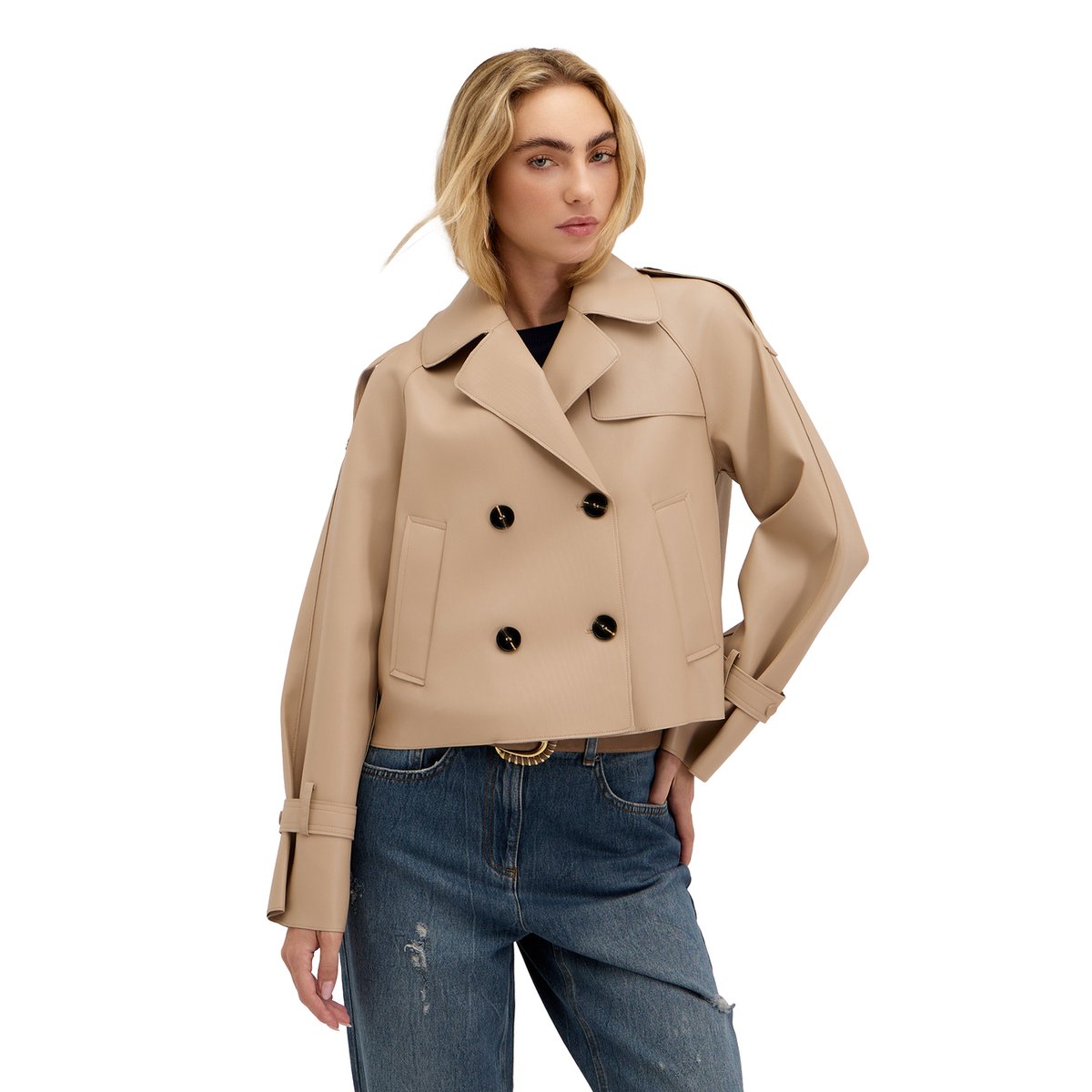 Trench court double boutonnage avec pattes d'épaule marron, MOTIVI