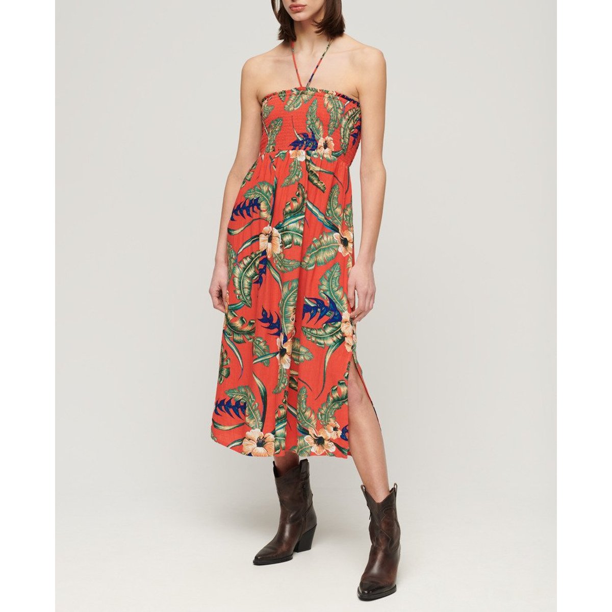 Robe de plage mi-longue smockée rouge hawaïen eden, SUPERDRY